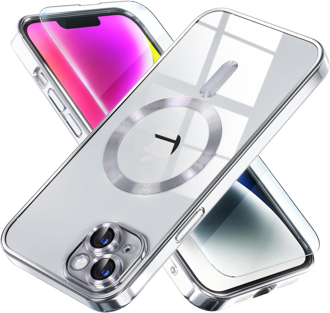Misea Magnetic for iPhone 14 Plus Case Compatible with MagSafe [Never Yellowing] [Military Grade Drop Protection] Full Camera Lens Protector Plating Soft Clear Phone Case for Women Girls, Silver