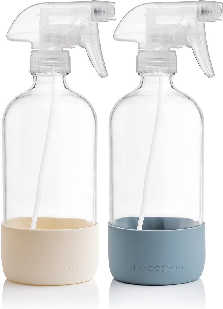 Vine Creations Glass Spray Bottles for Cleaning Solutions, Clear Glass Spray Bottle with Silicone Sleeve, 16 oz Empty Spray Bottles for Cleaning, Plant Spray Bottle, Mist and Stream Nozzle - 1 Pack (Dusty Blue)