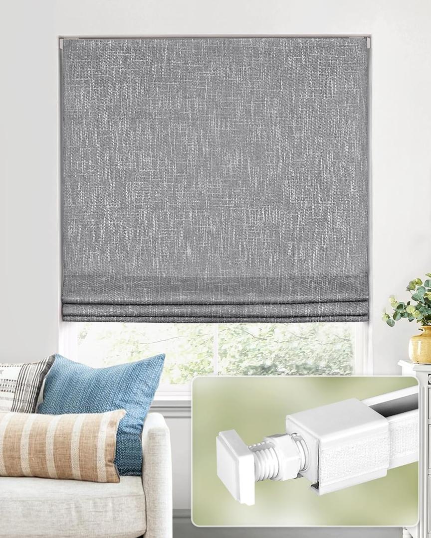 No Tools No Drill Cordless Roman Shades for Indoor Windows 100% Blackout, 24" W  64" H Charcoal
