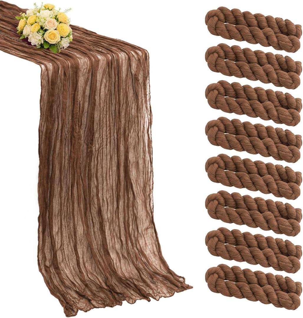 8 Pack Brown Cheesecloth Table Runner 21x120 Inch Gauze Table Runners Reusable Polyester 10ft Boho Rustic Cheese Cloth Table Runner for Wedding Party Baby Shower Birthday