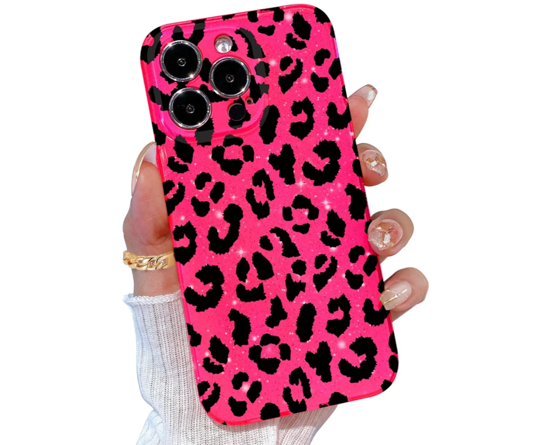TURYXIA Compatible with iPhone 15 Pro Case Glitter Hot Pink for Girls Women Girly Cute Cheetah Pattern Bling Sparkly Soft Phone Case Cover, Black Leopard Pack of 2