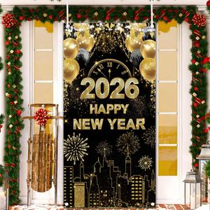 MEHOFOND Black Gold Happy New Year 2026 Door Cover, Large New Year Front Door Banner for 2026 NYE Party Decorations, Indoor Outdoor Black and Gold New Years Backdrop Hanging Sign