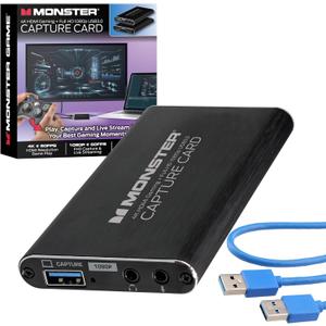 Monster Capture Card, 4K 60FPS Game Play, 1080p 60FPS Capture & Streaming, HDMI Input, HDMI/USB 3.0 Output, Microphone & Headphone Input/Output Ports, Record & Stream Videos for PC, Switch, Xbox, PS5