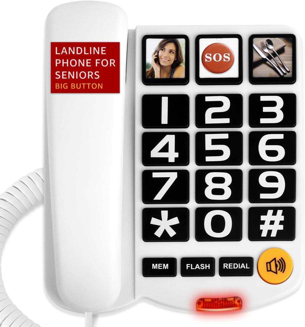 Uvital Large Button Phones for Seniors, White Corded Landline Phone with 3 One-Touch Dialing Big Buttons, Hands-Free, Loud Ringer, Adjustable Volume, Easy for Visually Impaired Telephone for Seniors