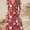 MSBASIC Womens Summer Wrap V Neck Casual Dresses Floral Short Sleeve A-Line Midi Sundress (Red, M)
