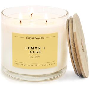 Calyan Wax Co. Lemon & Sage 3 Wick Scented Candle - 43 Hour Burn - Luxury 3 Wick Soy Candles - Non Toxic Soy Wax Candles - Long Lasting Large Glass Jar Candle for Home - 14.9oz