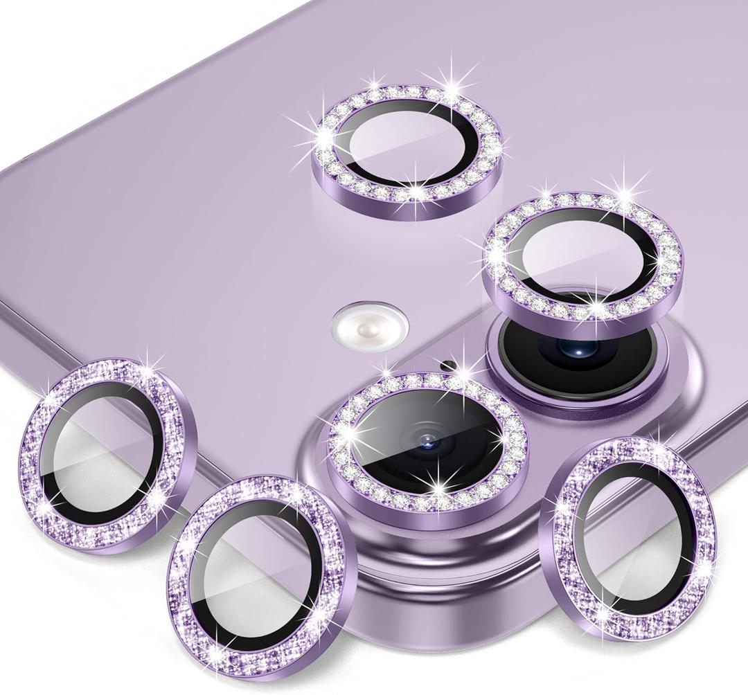 AGVEE 3+3 6 Pack for iPhone 17 6.3" Camera Lens Protector, Bling Diamond & Bling Glitter Metal Ring 9H Tempered HD Glass Camera Cover Film, Bling-Purple