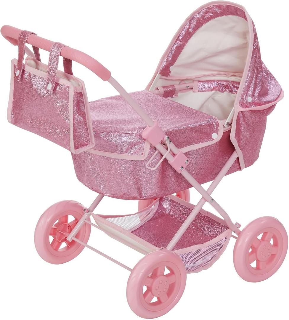 Olivia's Little World Baby Doll Bassinet Pram with Cover with Retractable Canopy & Storage, Hot Pink Glitter