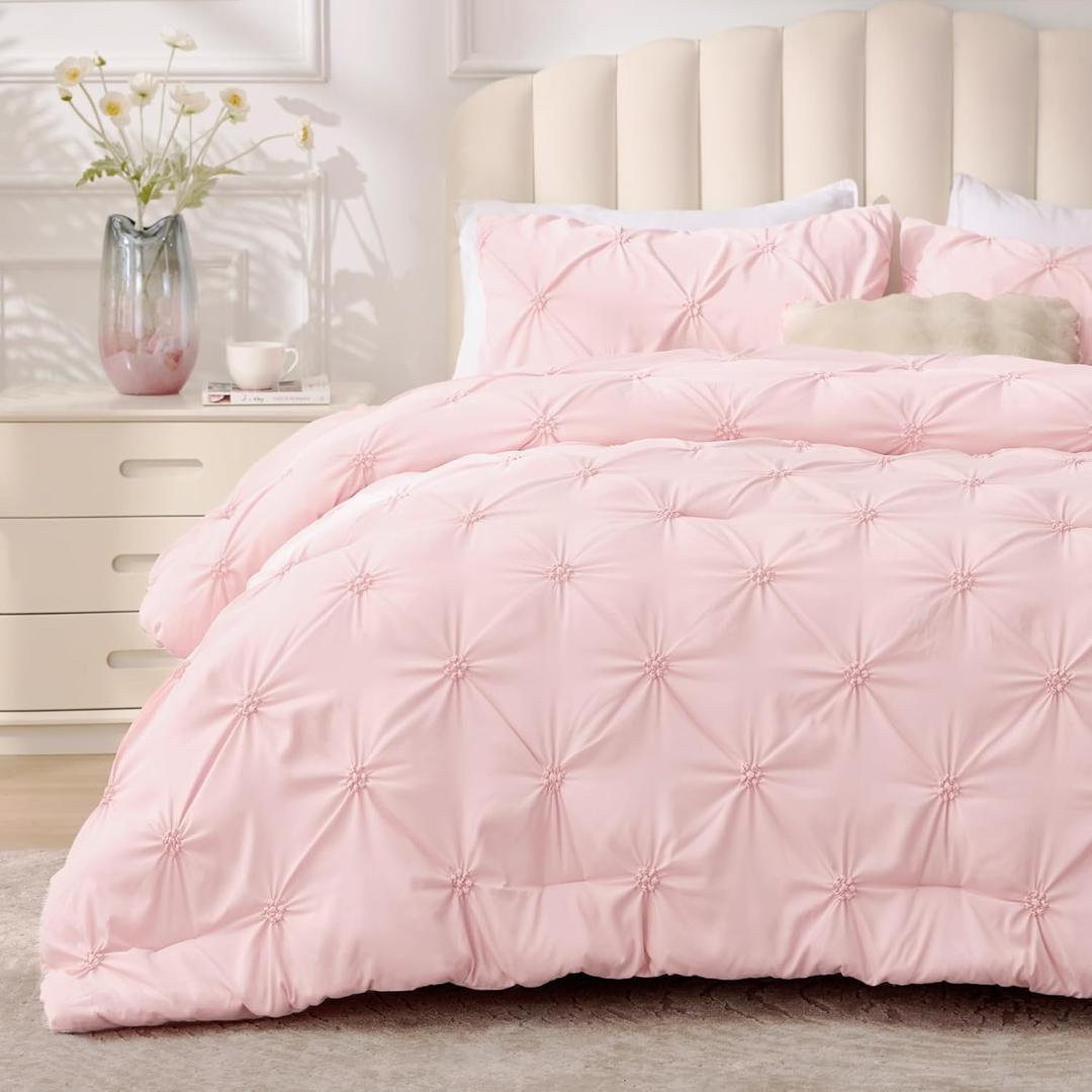 BEDELITE Baby Pink Twin Comforter Set - 2 Peices Boho Pintuck Bedding Comforter Sets, Lightweight Soft & Warm Twin Bedding Sets with 1 Pillowcase for All Season (Twin(68"x 88"))