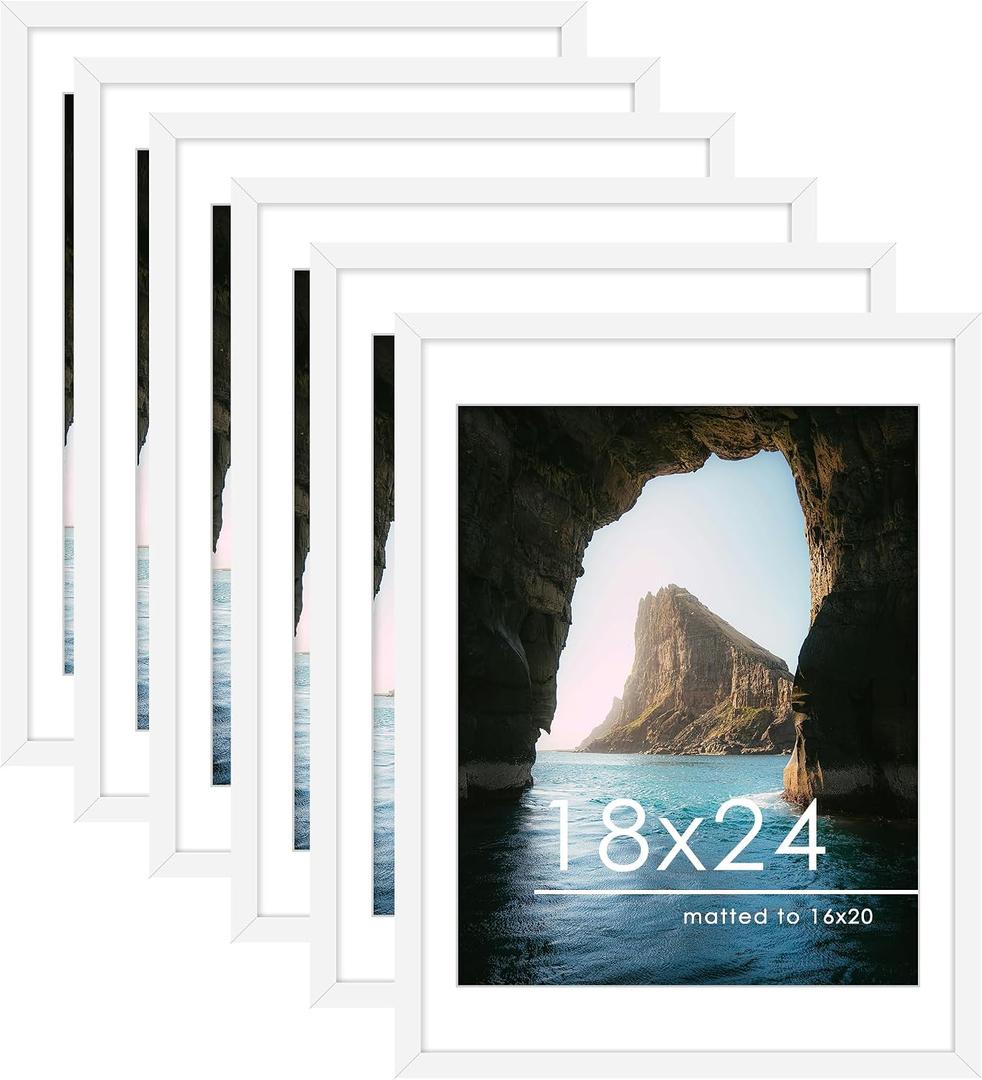 PEALSN 18x24 Poster Frame Set of 6, Display Pictures 16 x 20 with Mat or 18 x 24 without Mat for Wall Mounting Display, poster frames 18 x 24 for Wall Decor, White