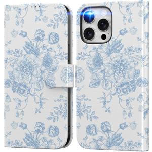 DEENAKIN for iPhone 15 Pro Wallet Case with Card Holder + Cash Clip, RFID-Blocking, Military-Grade Drop Protection, Magnetic Closure with Leather Kickstand - Blue Floral Design
