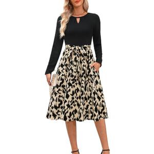 Kranda Women 2026 Spring Long Sleeve Crewneck Casual Business Church Work Teacher Outfits Ribbed Midi Dress with Pockets (Black, M)