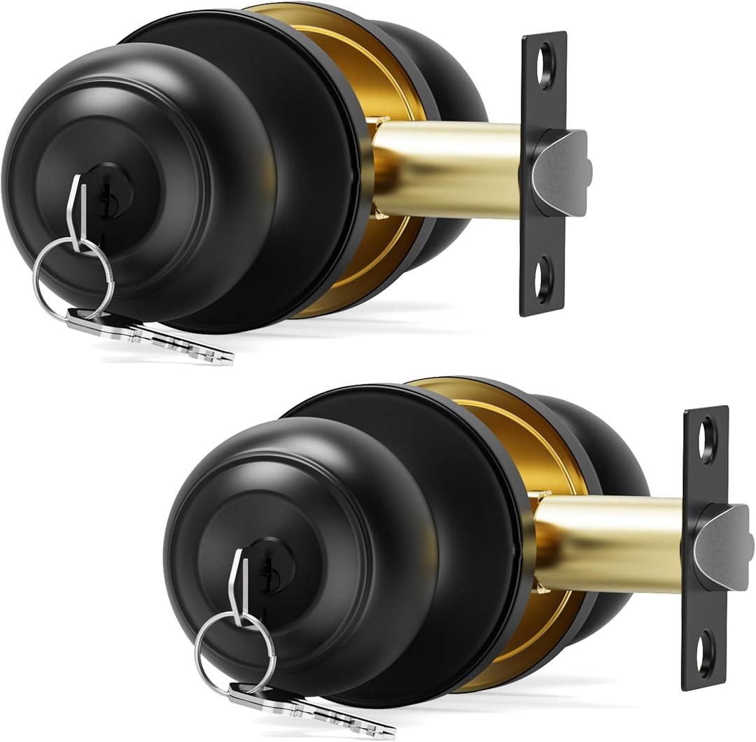 Keyed Entry Door Knob with Lock, Interior and Exterior - Round Ball Door Knob with Lock and Key for Bedrooms, Bathrooms, Matte Black Finish (2 Pack)