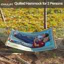 CHULIM 12 FT Double Quilted Fabric Hammock with Spreader Bars and Pillow 450 LBS Weight Capacity 2 Person Hammock for Outdoor Patio Backyard Poolside Blue Stripes