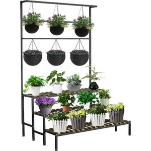 Large Plant Stand Indoor Outdoor, 3 Tier Heavy Duty Hanging Plant Stand with Bar, 60 Inch Tall Metal & Wood Ladder Shape Plant Shelf, Black Plant Display Rack Plant Shelves for Garden Patio Balcony