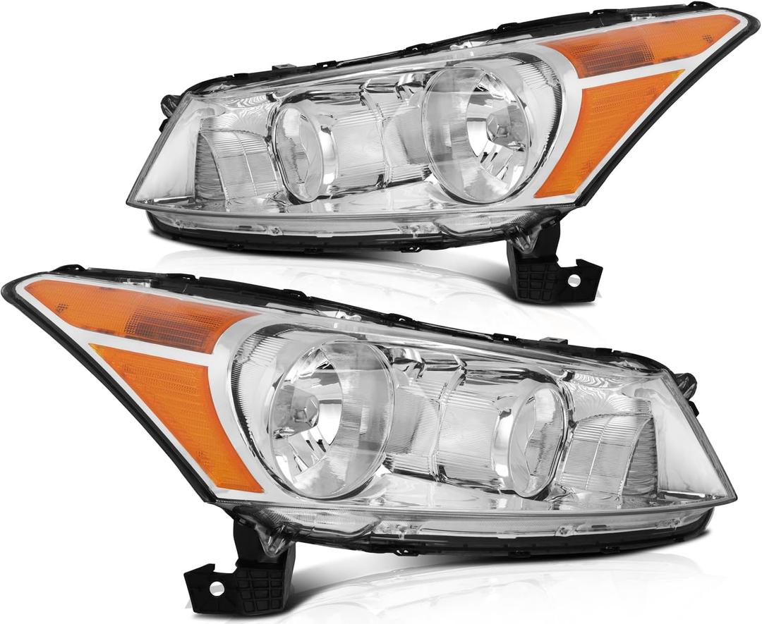 Headlight Assembly for Honda for Accord 2008-2012 Chrome Housing Amber Reflector Clear Lens Driver and Passenger Side Headlamp