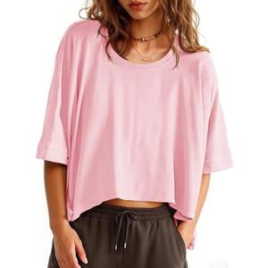 Tankaneo Womens Oversized T-Shirts Cropped Summer Casual Short Sleeve Loose Fit Tee Tops (Medium, Pink)
