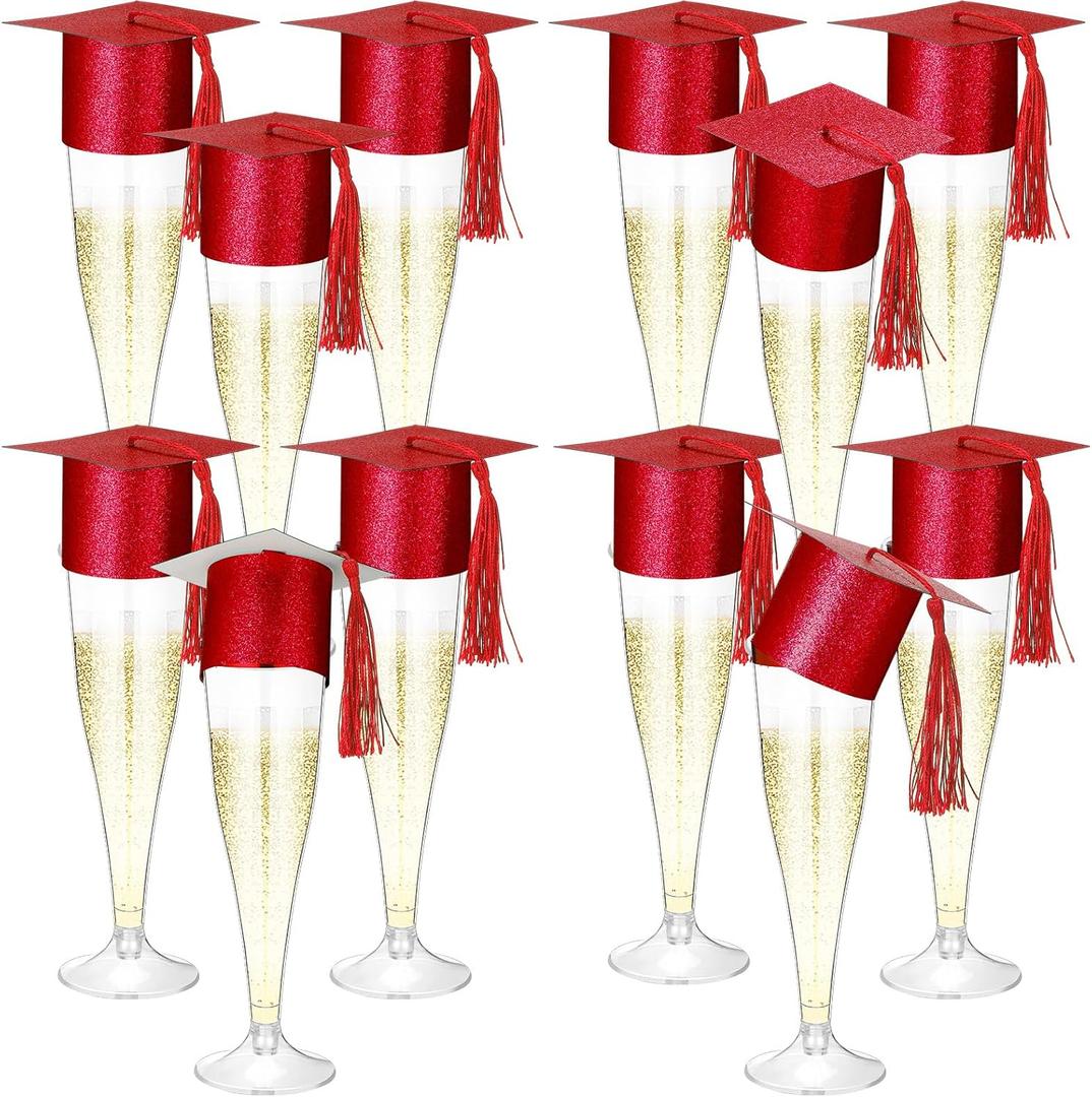 Funnymoom 12 Pack 2026 Graduation Disposable Champagne Flutes Set 4.5 oz Plastic Grad Glasses and Mini Graduation Caps with Tassels for Cocktail Toasting Grad Party Favor (Red)