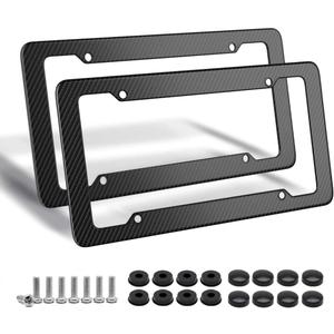 Carbon Fiber License Plate Frame, Glossy Waterproof Plastic Number Plate Frame Print Carbon Fiber Pattern for Man and Women (with Fasteners and Screws) 2 Pack