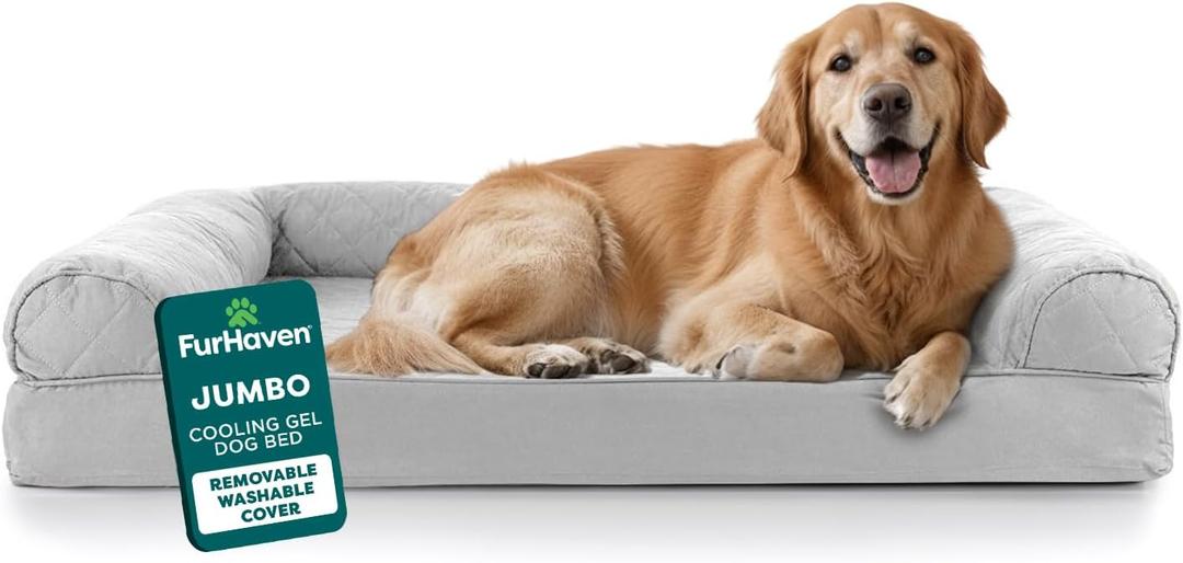 Furhaven Cooling Gel Dog Bed for Large Dogs w/ Removable Bolsters & Washable Cover, For Dogs Up to 95 lbs - Quilted Sofa - Silver Gray, Jumbo/XL