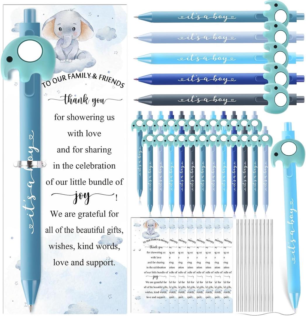 50 Set Baby Shower Gifts Pens for Guests Baby Shower Party Favors Retractable Ballpoint Pens with Thank You Cards for Gender Reveal Souvenir Game Prize (It's A Boy)