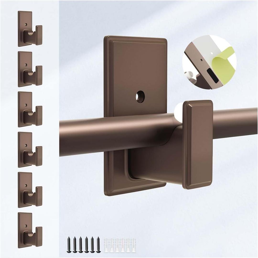 No Drilling Curtain Rod Brackets:Self Adhesive Curtain Rod Holders for Rod 5/8" No Nail,Easy Peel and Stick Curtain Rod Hooks No Drill for Bathroom, Livingroom, Kitchen,Dorm,Door(Bronze,6PCS)