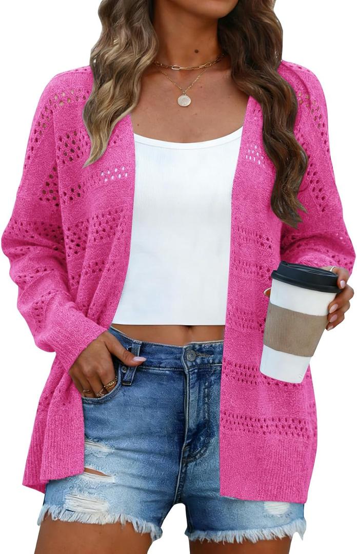 Halife Women's Crochet Cardigan Sweaters Lightweight Thin Long Sleeve Open Front Kimono Cardigans (Pink), Small