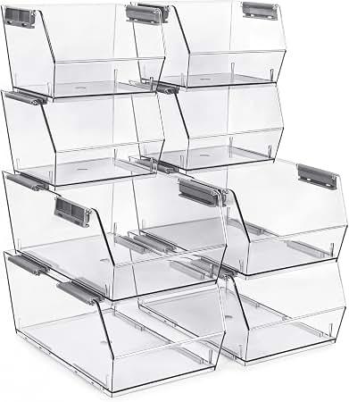 HOMESTEAD Set of 8 Stackable Storage Bins, 4 Large + 4 Small Clear Plastic Organizer Bins, Open Front Design for Kitchen Pantry, Fridge, Cabinet, Bathroom Organization and Bulk Snack Storage