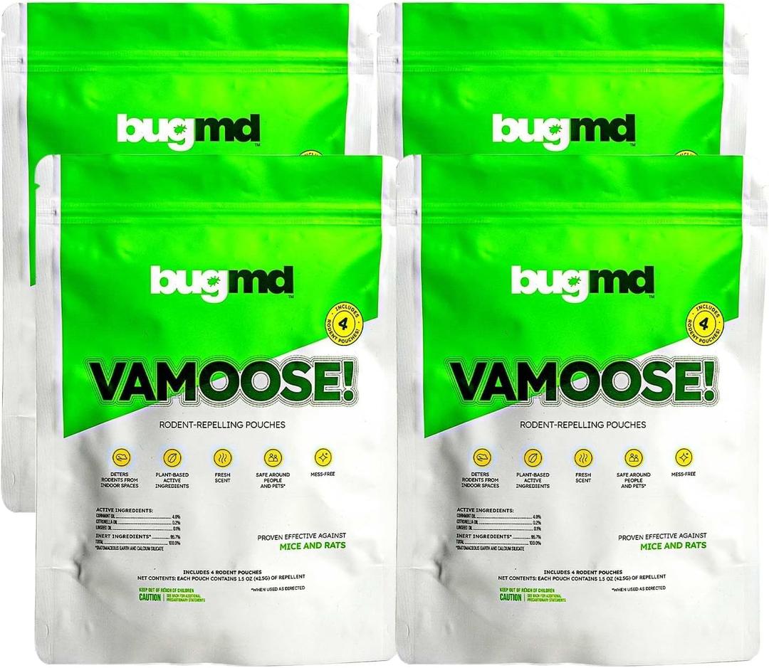 BugMD Vamoose Rodent Repellent Pouches (4 Pack, 16 Pouches)  Plant-Powered Rat Deterrent for Indoor & Outdoor Use