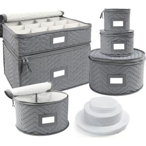 LotFancy China Storage Containers - Quilted 6-Piece Set Storage Box- Stores Chinaware, Stemware, Dinnerware, Dish Storage Service for 12, 48 Pcs Felt Protectors, Cardboard Dividers Included