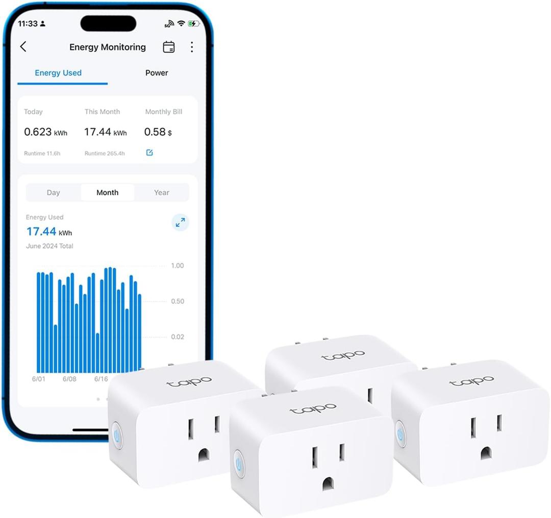 TP-Link  Smart Plug Wi-Fi Mini, Energy Monitoring, Compatible with Alexa & Google Home & Samsung SmartThings, Timer, 15A/1800W Max, ETL Certified, 2.4G Wi-Fi Only, Tapo P115(4-Pack)
