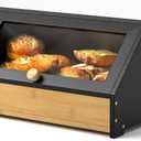 Gredak Bamboo Bread Box and Bread Storage, Corner Bread Box for Kitchen Countertop, Large Durable Black Single Layer Bamboo Breadbox