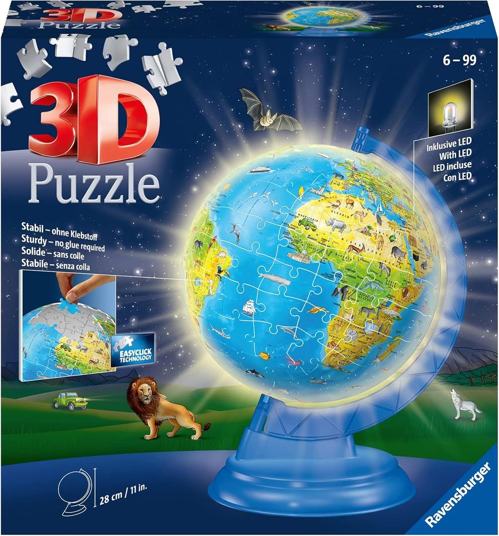 Ravensburger Childrens Globe Night Edition 3D Jigsaw Puzzle - 180 Piece Set | Features LED Light | Interactive and Educational Toy | Ideal for Kids and Adults | Model 11288