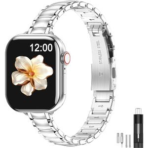 MioHHR Thin Metal Bands Compatible with Apple Watch Band 38mm 40mm 41mm 42mm(Series 11 10),Slim Narrow Stainless Steel Strap for Women iWatch Bands Series 9 8 7 6 5 4 3 2 1 SE3/2/1`,Silver