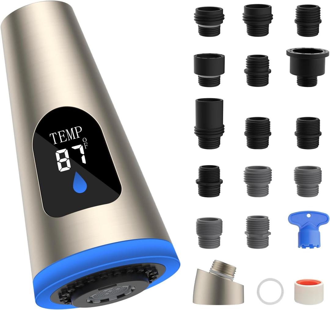 Hibbent Pull Down Kitchen Faucet Head Replacement, 4 Function LED Temperature Display Sink Spray Nozzle with 15 Adapters, Compatible with Moen, American Standard, Delta, Kohler Faucets, Brushed Nickel