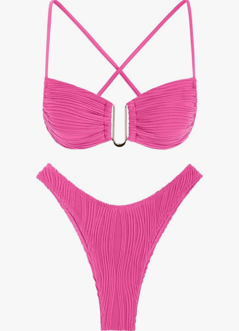 ZAFUL Women's Textured Underwire Bikini Set V Notch High Cut Swimwear Tie Side Ribbed Sexy Swimsuits Size L