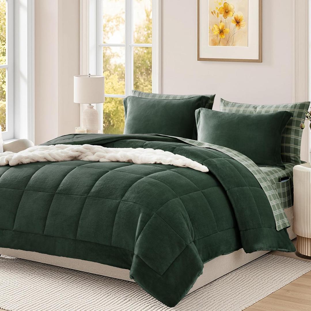 Plush King Size Comforter Set Dark Green, Flannel Velvet Comforter Sets 7 Pieces Bed in a Bag, Soft Warm Winter Bedding Set with Sheets, Pillowcases & Shams