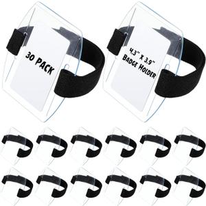 Epakh 30 Pcs Arm Badge Holder Armband ID Card Holder with Hook and Loop Fastener Clear Plastic Name Tag Badge Carrier, Universal Size(Simple Strips,Black)