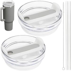 40oz Tumbler Lid Compatible for Stanley, 2 Pack Replacement Tumbler Lids Fit for Stanley Quencher 2.0 Tumbler 40 OZ, with Straws and Cleaning Brush (Grey)