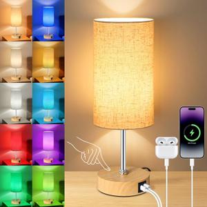 Unicozin Small Table Lamp, 3CCT & 7 RGB Color Changing, Dimmable Nightstand Lamp with Wood Grain Base, Touch Bedsides Lamp for Bedroom, Office, Kids Room, Nursery, Party, Beige Shade (14.5in)