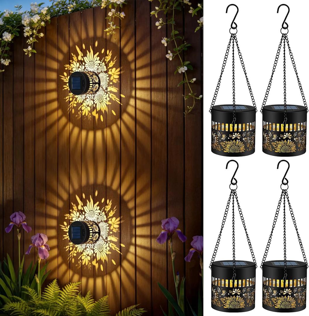 4 Pack Solar Lanterns Outdoor Waterproof, Sunflower Solar Garden Decor Gifts for Women Mom Grandma, Hanging Solar Fence Lights Metal Decorations Outside for Yard, Patio, Backyard, Porch