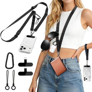 CACOE Multifunctional Cell Phone Lanyard - 3-in-1 Detachable Adjustable Crossbody Strap & Neck Lanyard & Wrist Lanyard for Men & Women with 2 Patches for Most Smartphones, Travel Essential(Black)