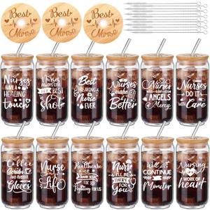 Tioncy 12 Set Nurses Week Appreciation Gifts Bulk for Women 16oz Glass Cups with Bamboo Lids and Straws Brushes Nurse Assistant Rn Gifts Coffee Cup for Work Graduation School Lab Week Supplies