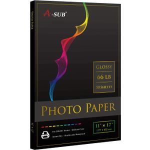 A-SUB Premium Photo Paper High Glossy 11x17 Inch 66lb for Inkjet Printers 50 Sheets, Single Sided