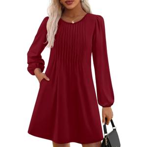 PRETTYGARDEN Fall Dresses for Women 2025 Long Sleeve Mini Short Flowy A Line Casual Holiday Party Tunic Dress Fashion Clothes (Burgundy, X-Large)
