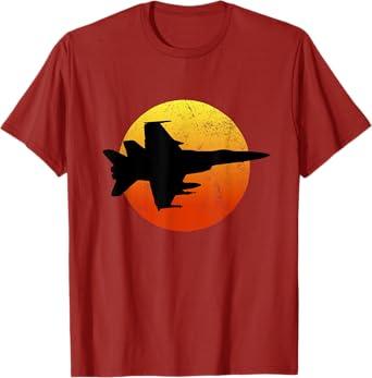F-18 Hornet Silhouette Retro Sunset Military Jet Flying F18 T-Shirt Red  XL