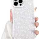 NITITOP Compatible with iPhone 15 Pro Case Cute Clear White Durable Flower Floral Leave for Girls Women Soft TPU Transparent Colourful Frame Full Camera Lens Shockproof Protective Cover - White