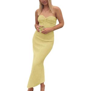 WFHFNJW Women Sexy Twist Knot Front Ribbed Knit Bodycon Bandeau Tube Dress Casual Solid Strapless Maxi Long Dress (Yellow, M)