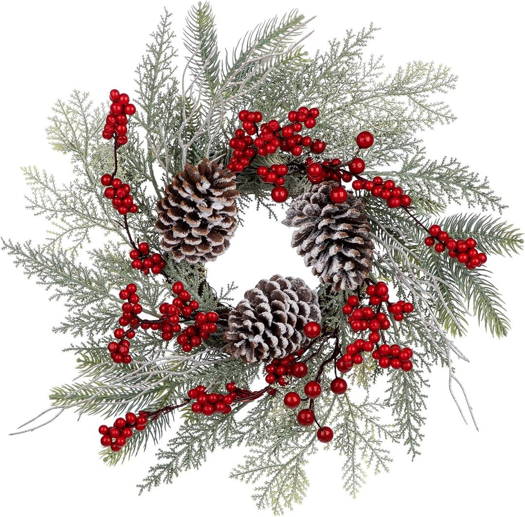 Christmas Wreath 16" Door Wreath with Frost Winter Wreath for Outdoor Indoor, Big Pine Cone Red Berries Christmas Wreaths for Front Door Window Wreaths Home Decor