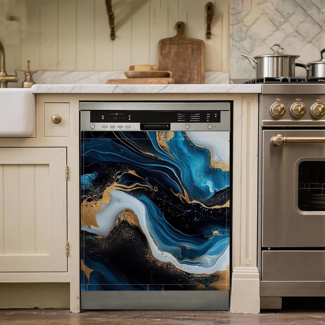Abstract Blue and Gold Marble Dishwasher Magnet Cover Refrigerator Cover Kitchen Dishwasher Panel Decal, 23x26 inch